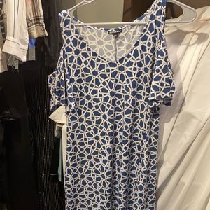 Blue & white, open shoulder dress.
